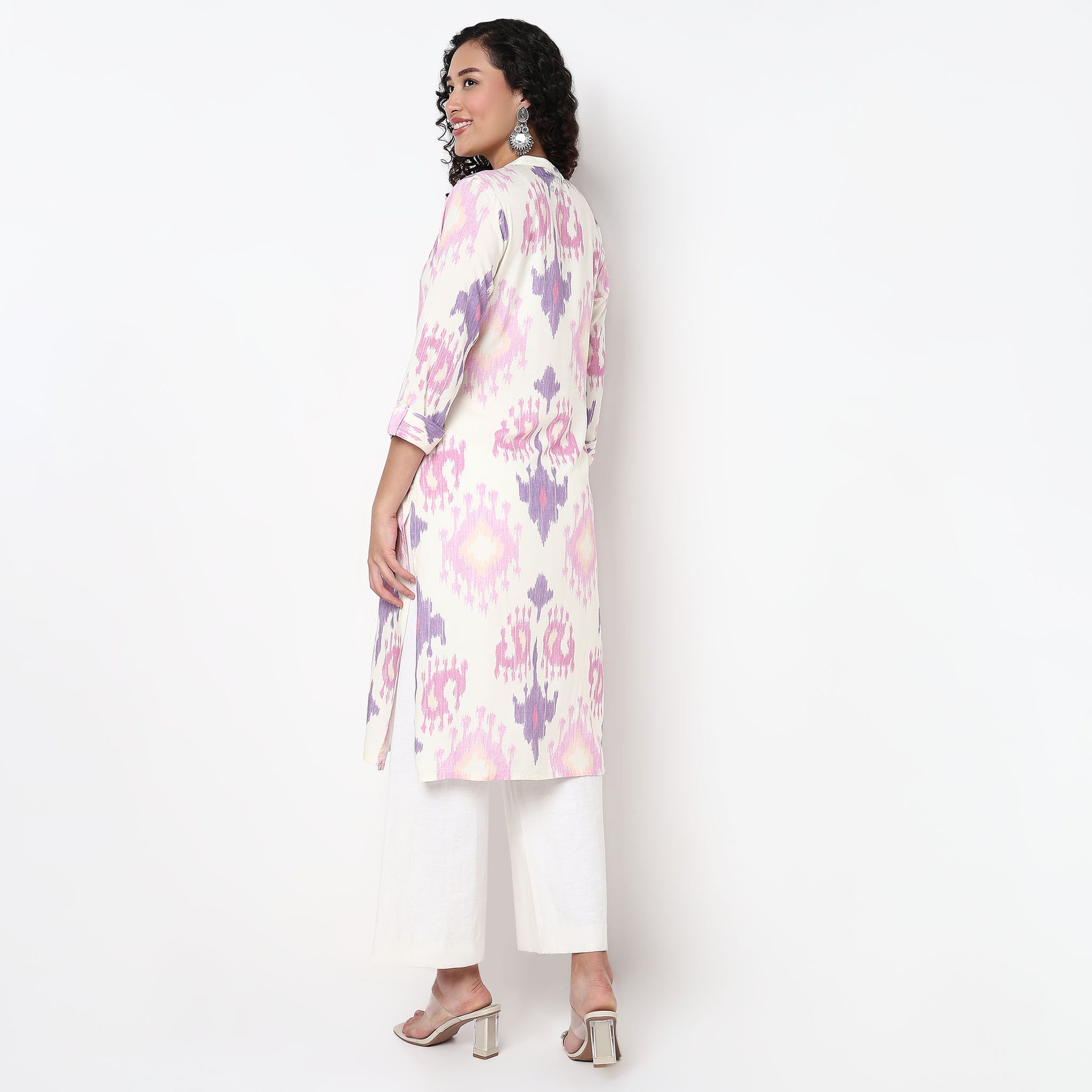 Printed Band Neck Straight Half Placket Kurta