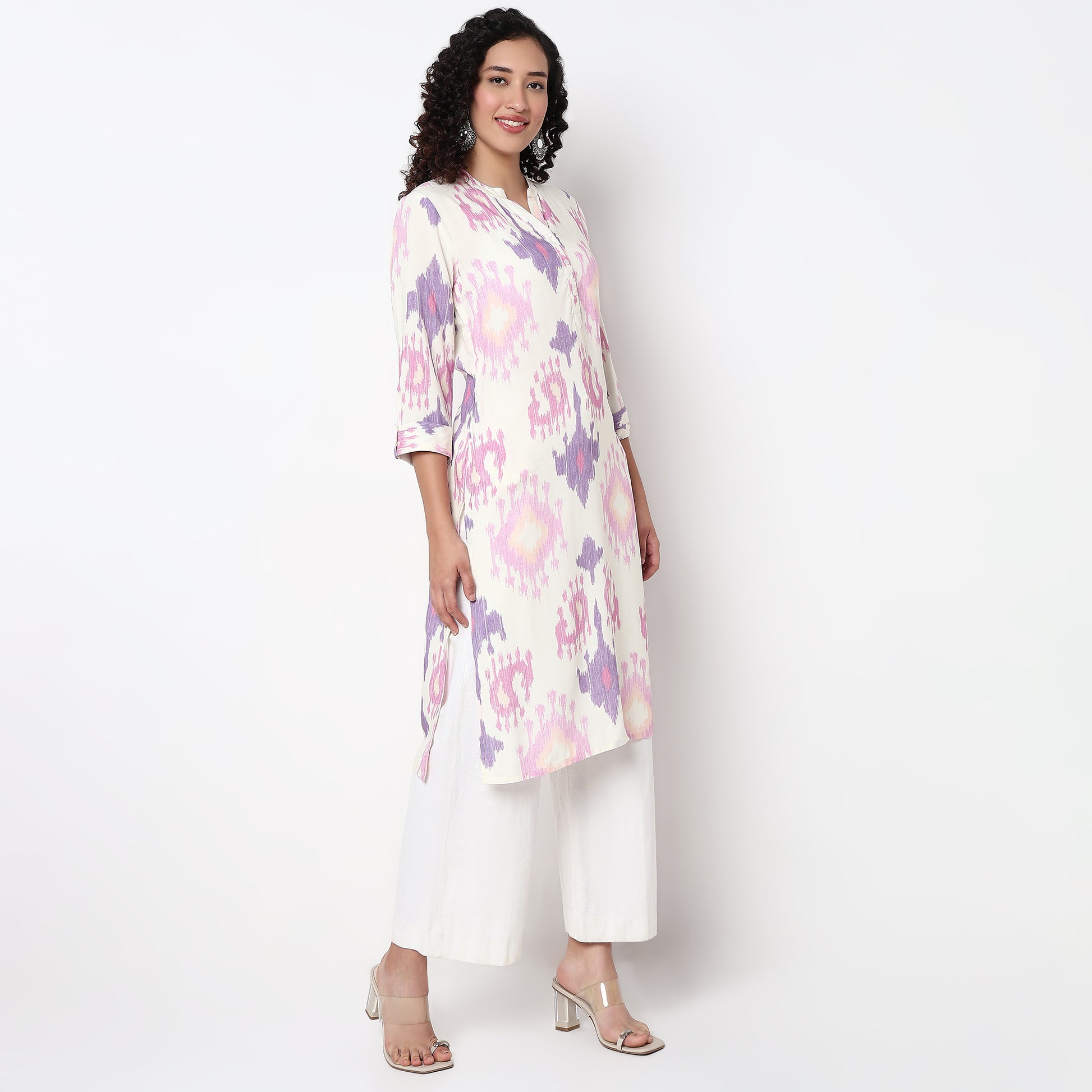 Printed Band Neck Straight Half Placket Kurta
