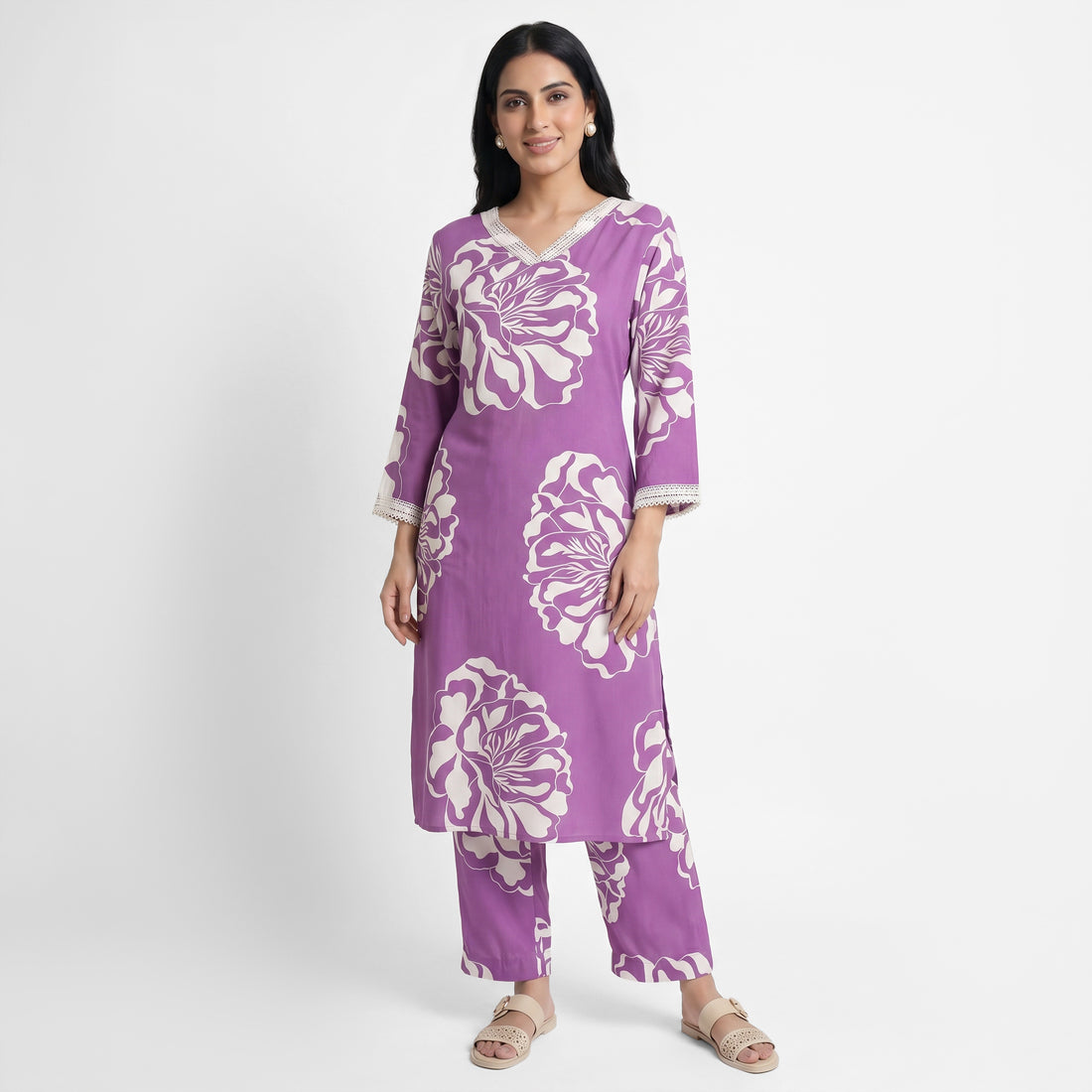 Printed V-Neck Long Kurta