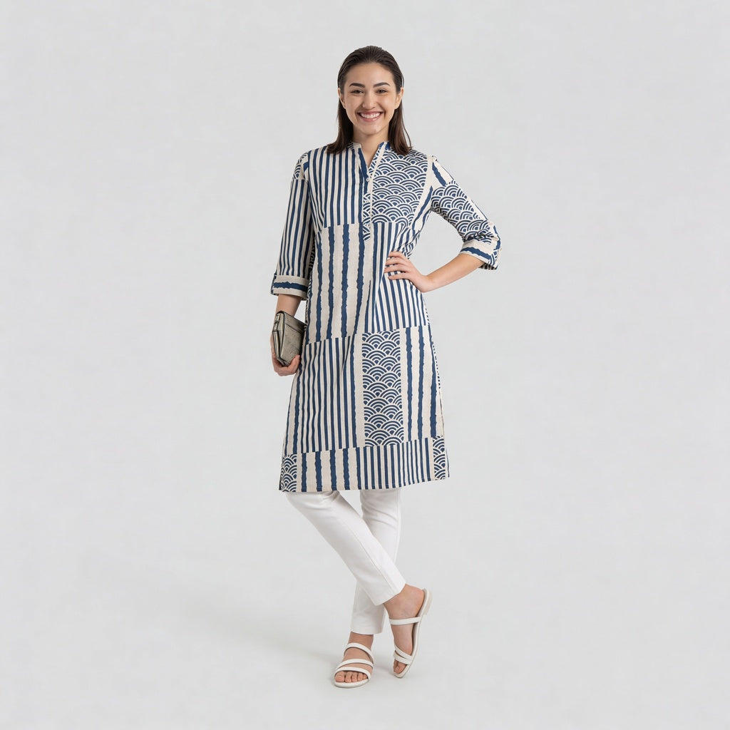 Printed Straight Half Placket Long Kurta