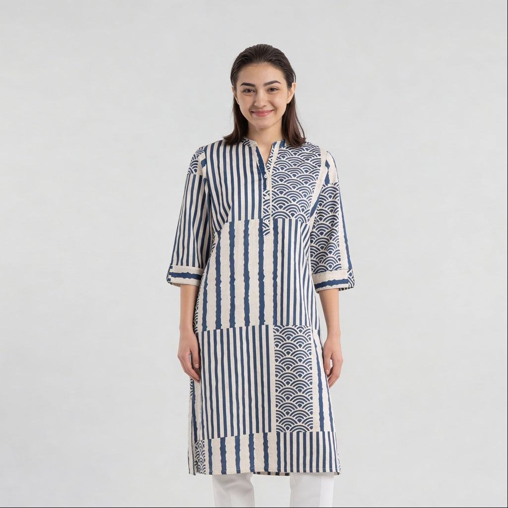 Printed Straight Half Placket Long Kurta