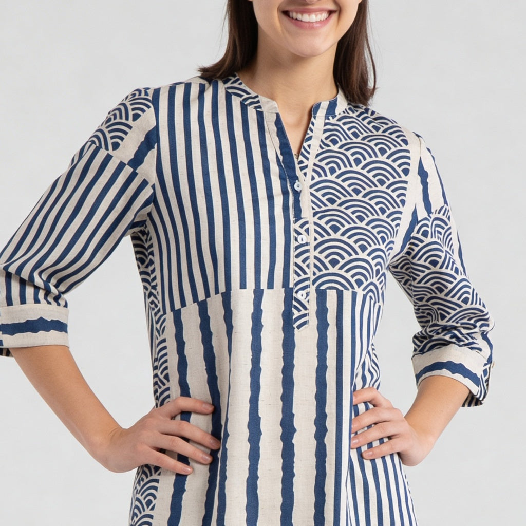 Printed Straight Half Placket Long Kurta
