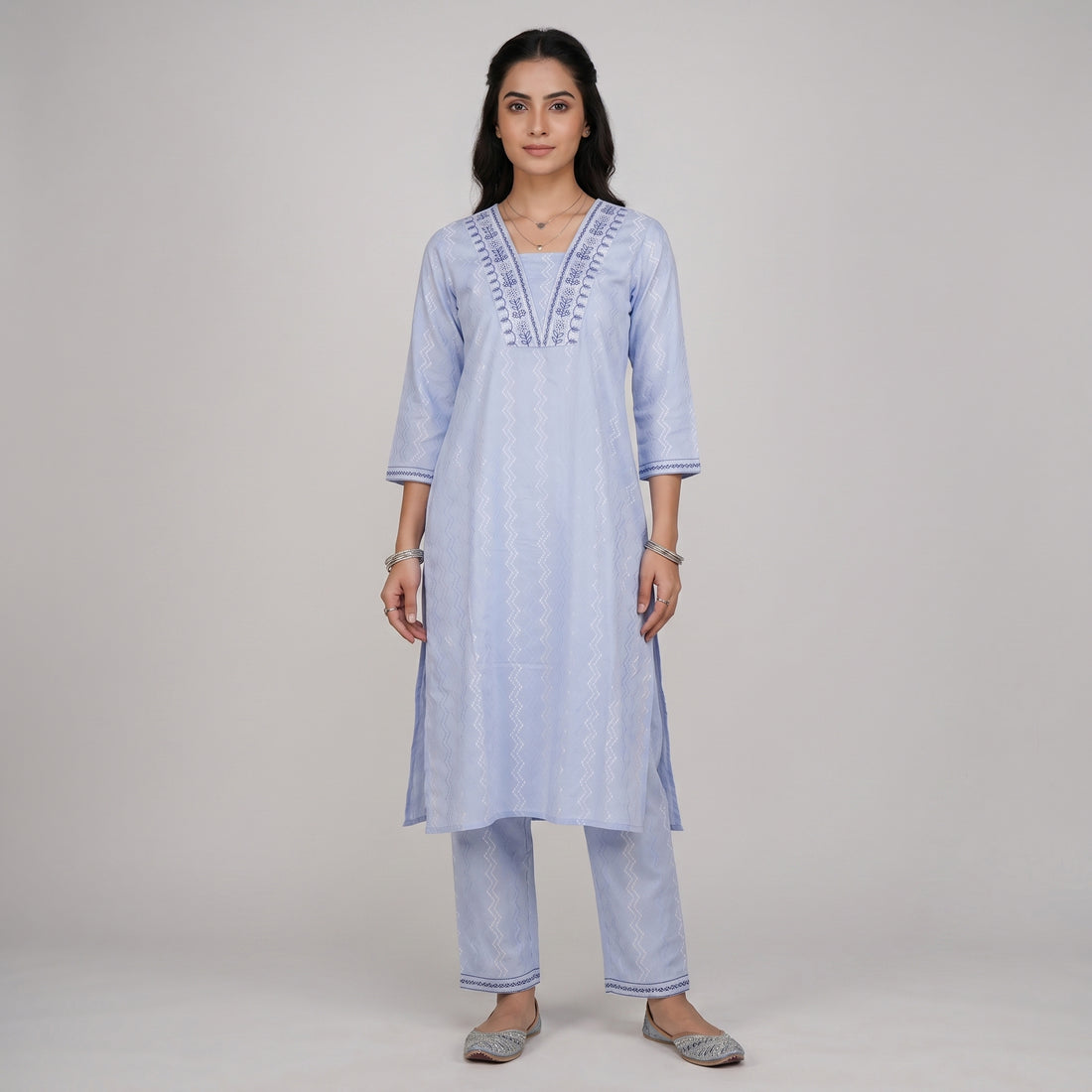 Embroidered Cotton V-Neck Long Kurta