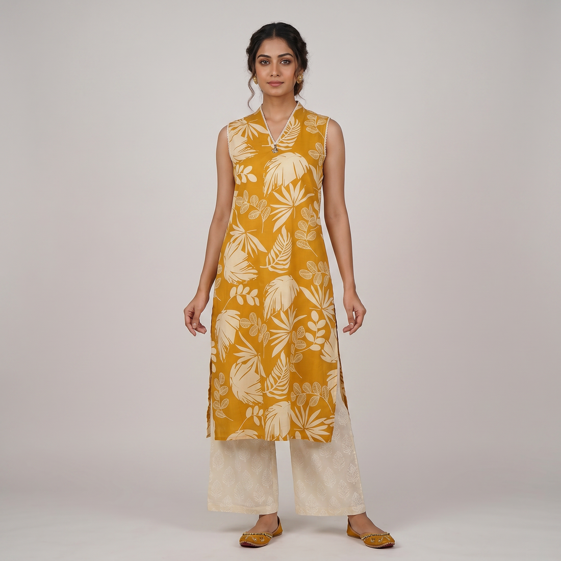 Cotton Printed V-Neck Kurta