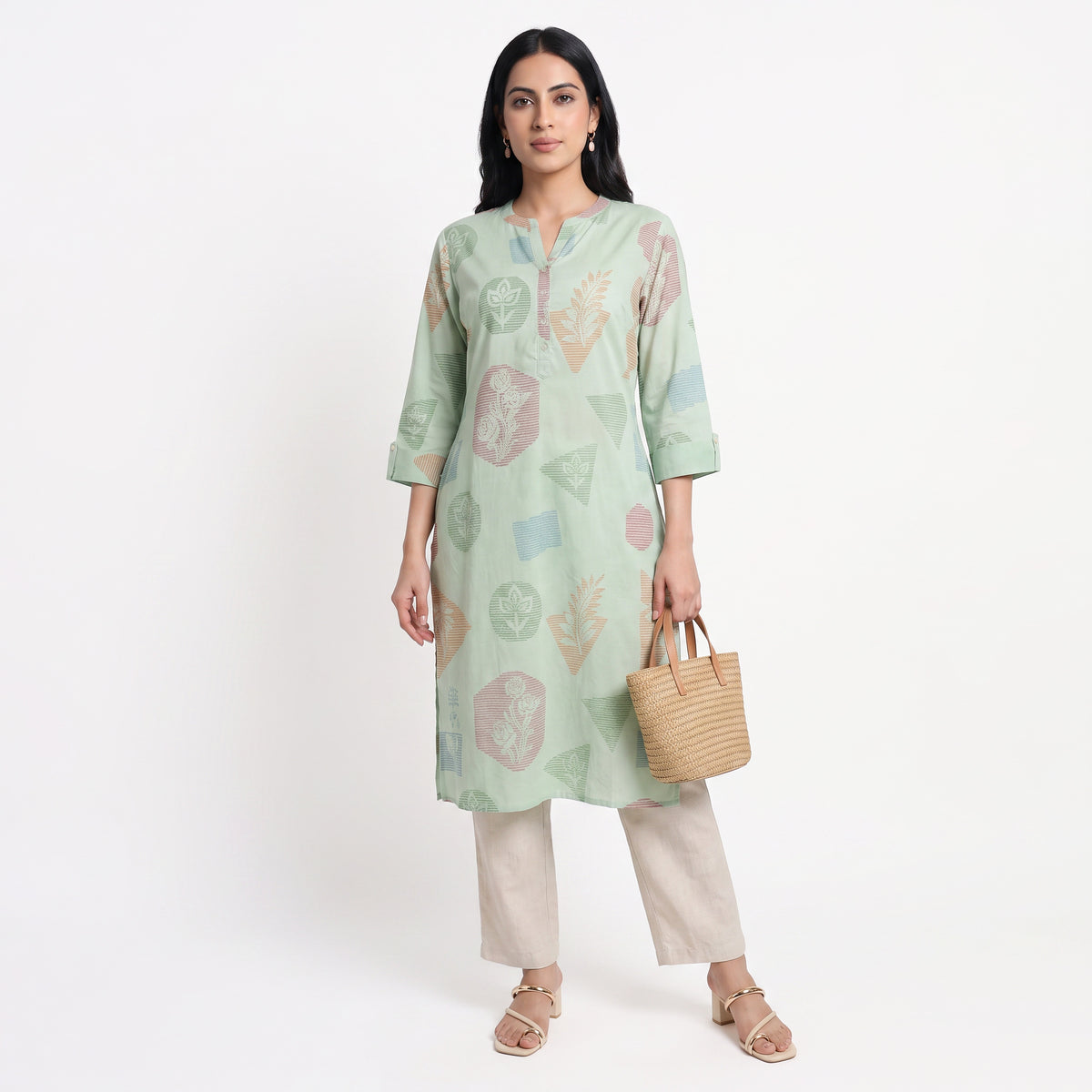 Printed Band Neck Kurta