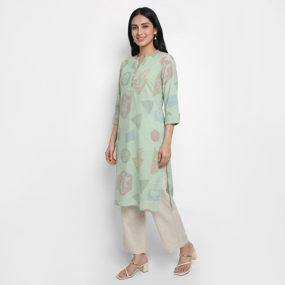 Printed Band Neck Kurta