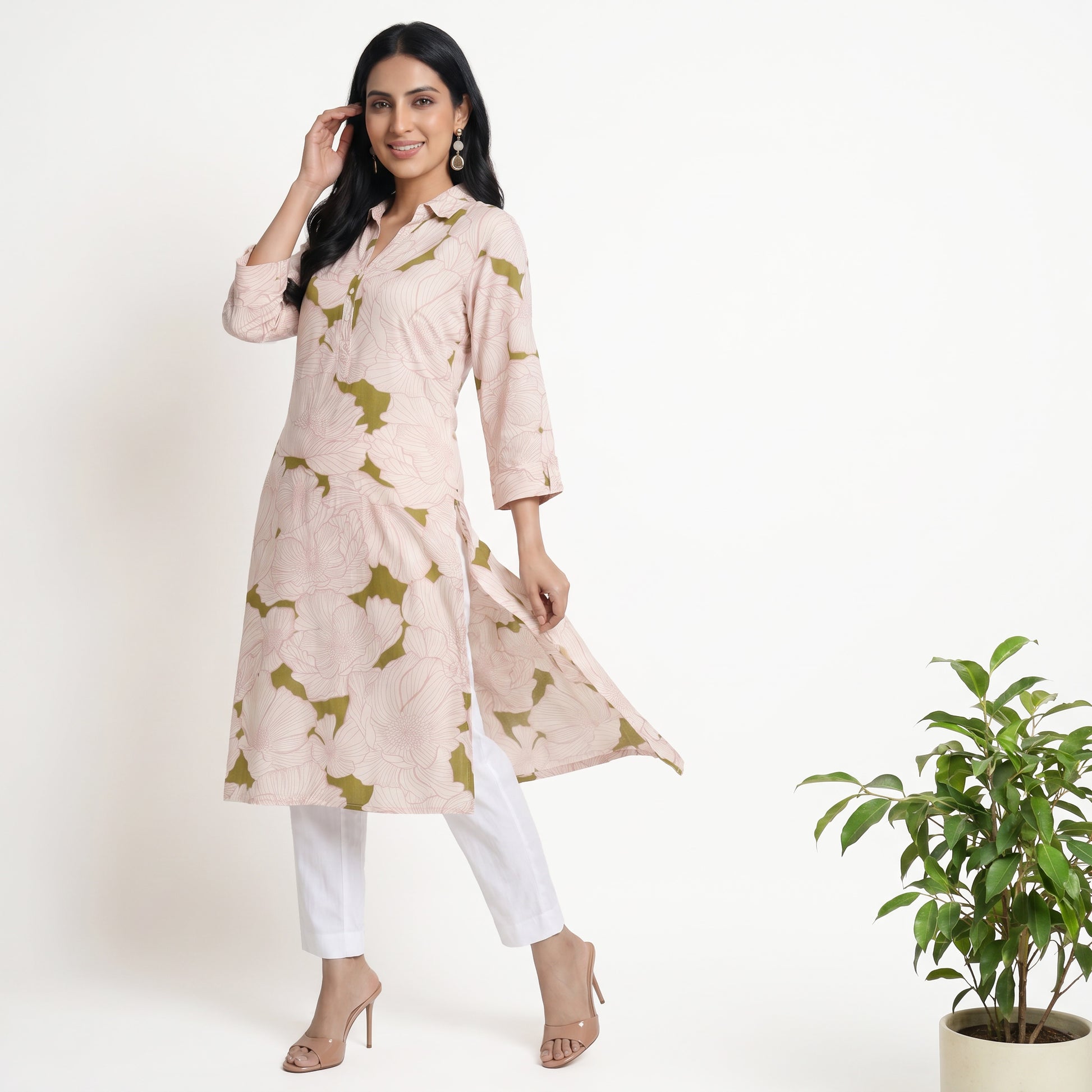 Printed Half Placket Long Kurta