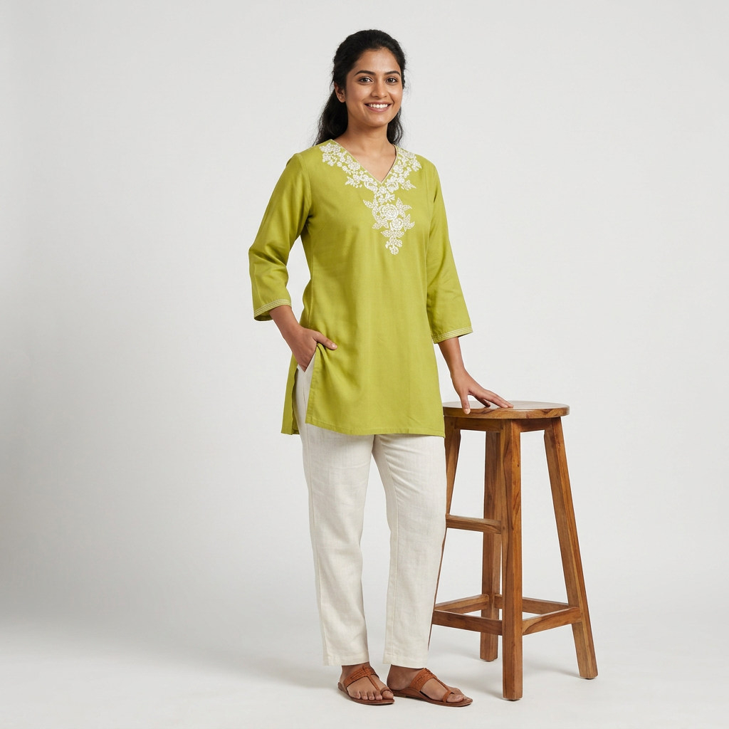 Embroidered V-Neck Short Kurta