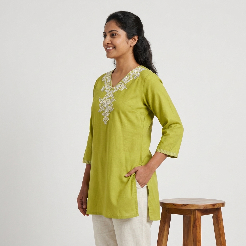 Embroidered V-Neck Short Kurta