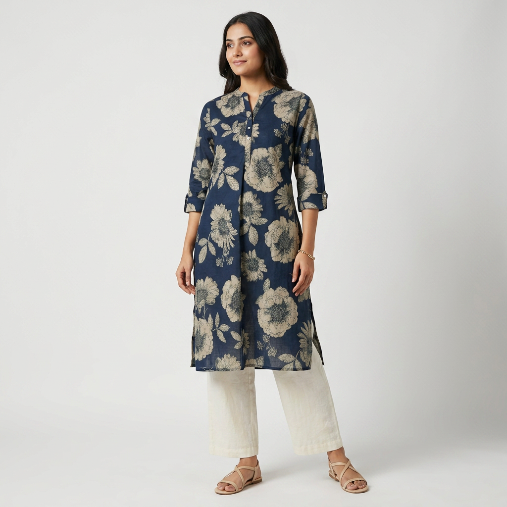 Cotton Printed Half Placket Long Kurta