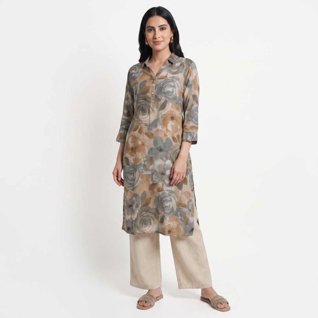 Printed Shirt Collar Straight Kurta