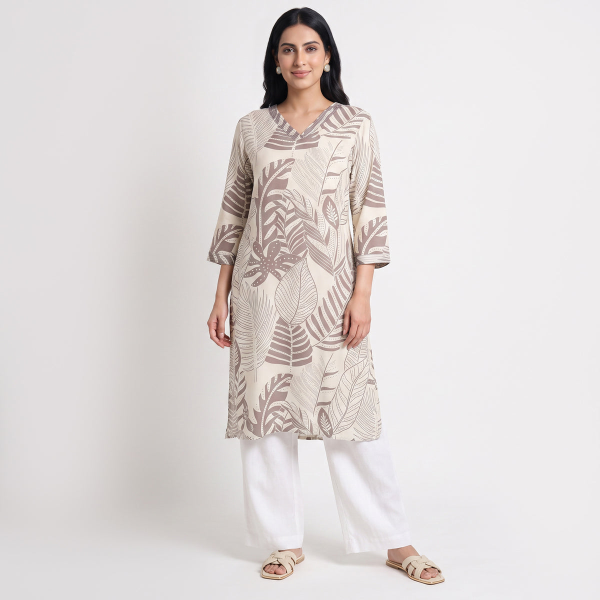 Printed V-Neck Straight Kurta
