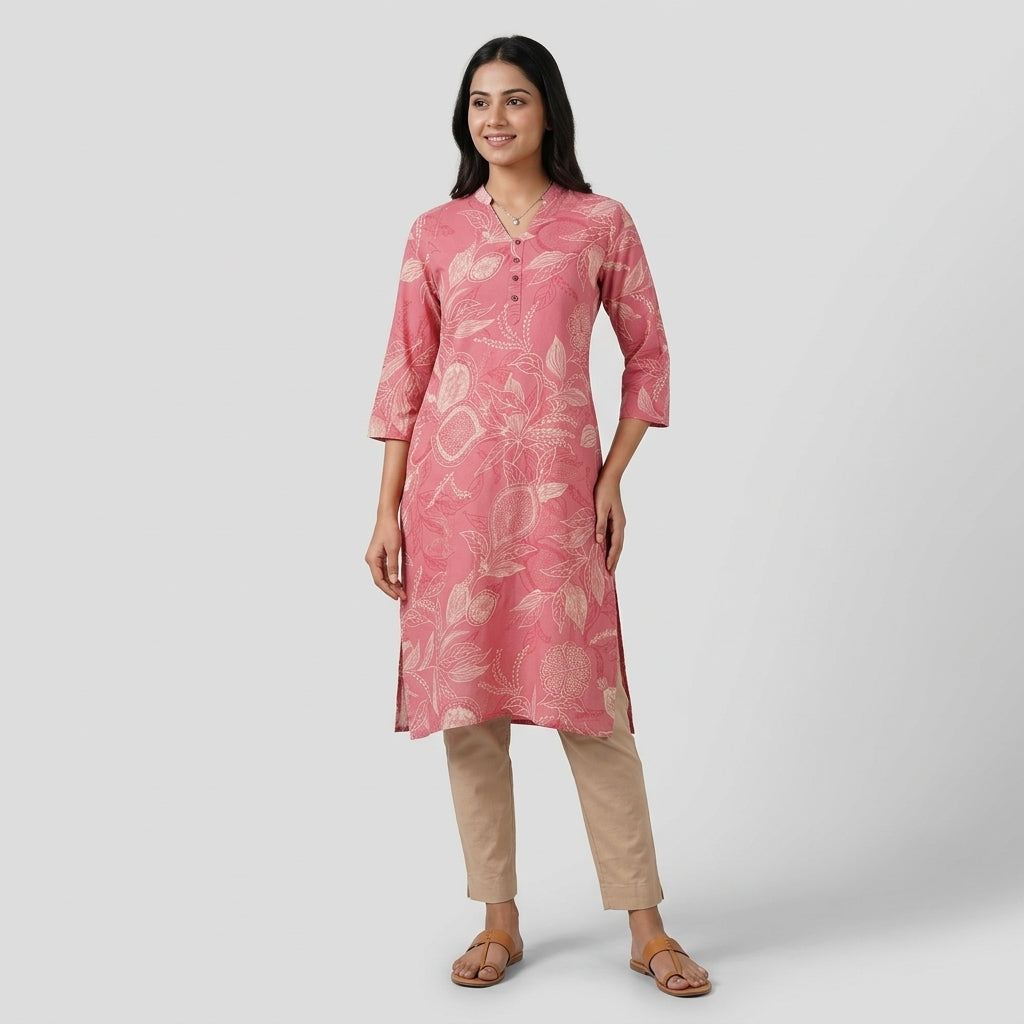 Printed Kurti with Band Collar V Notch Half Placket