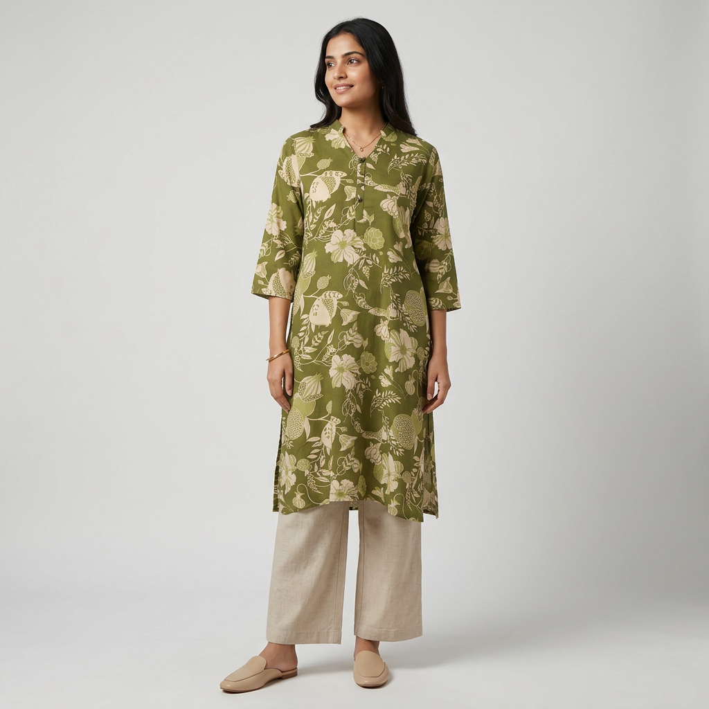 Printed Kurti with V Notch Band Collar