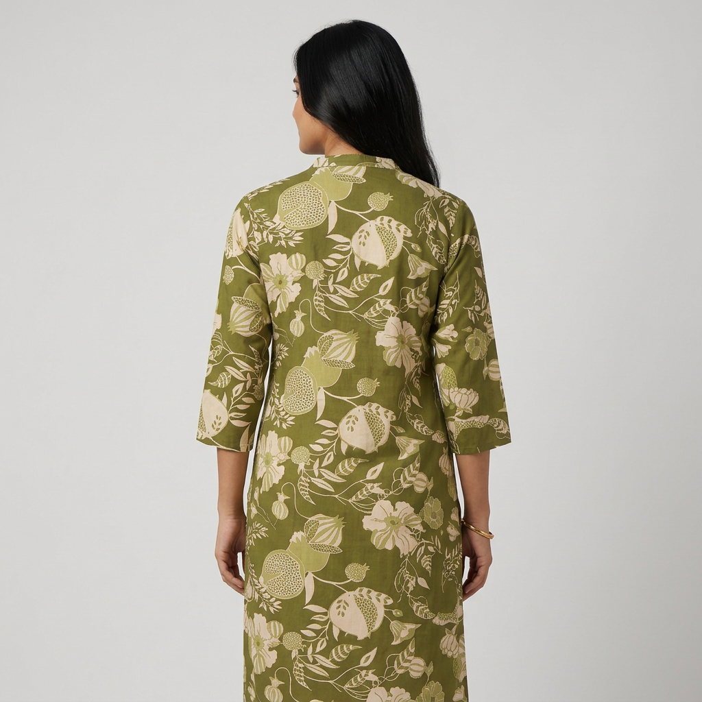 Printed Kurti with V Notch Band Collar