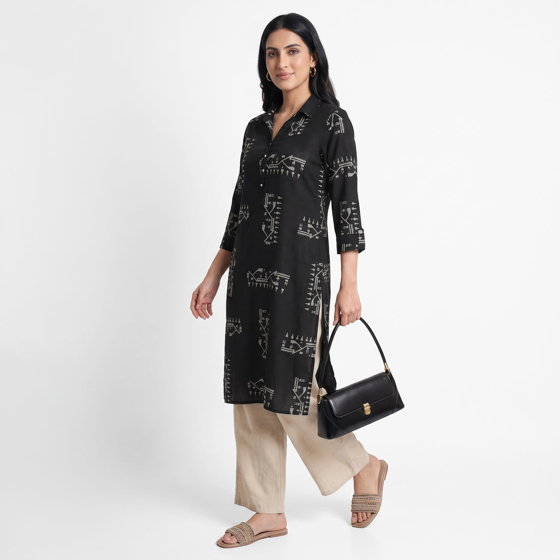Printed Shirt Collar Straight Kurta