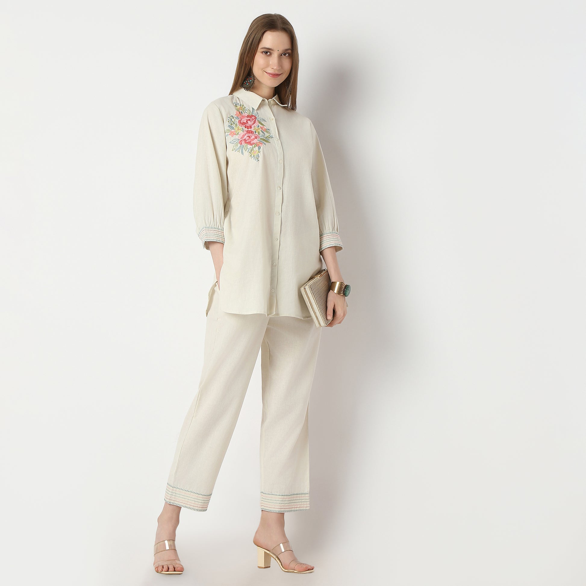 Flare Fit Embroidered Mid Rise Pants