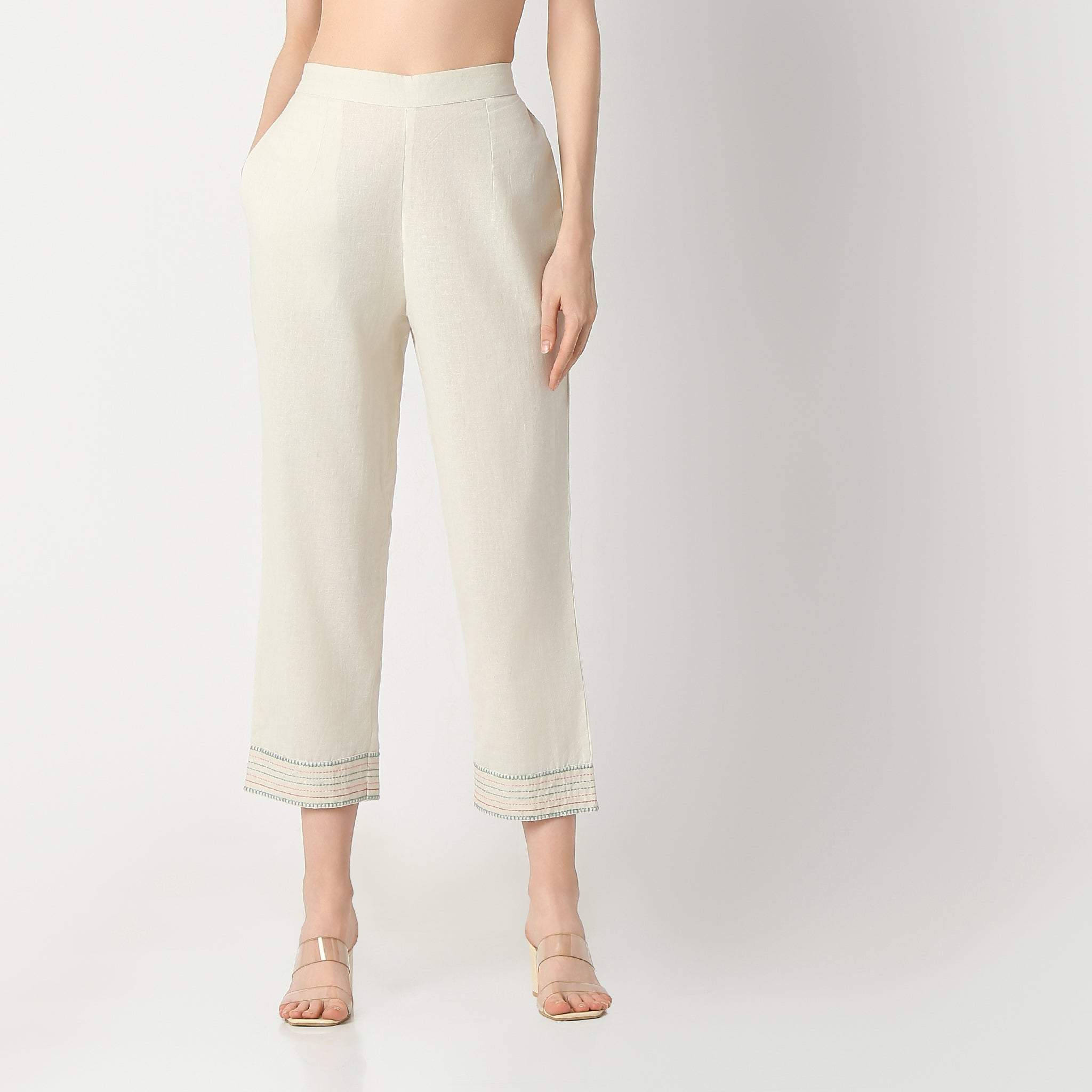 Flare Fit Embroidered Mid Rise Pants