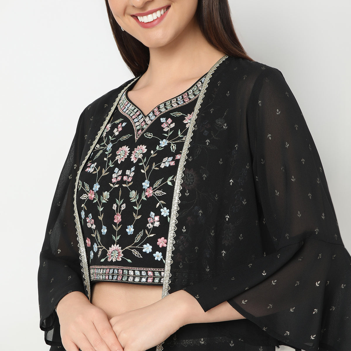 Regular Fit Embroidered Top with Palazzo & with Shrug Set