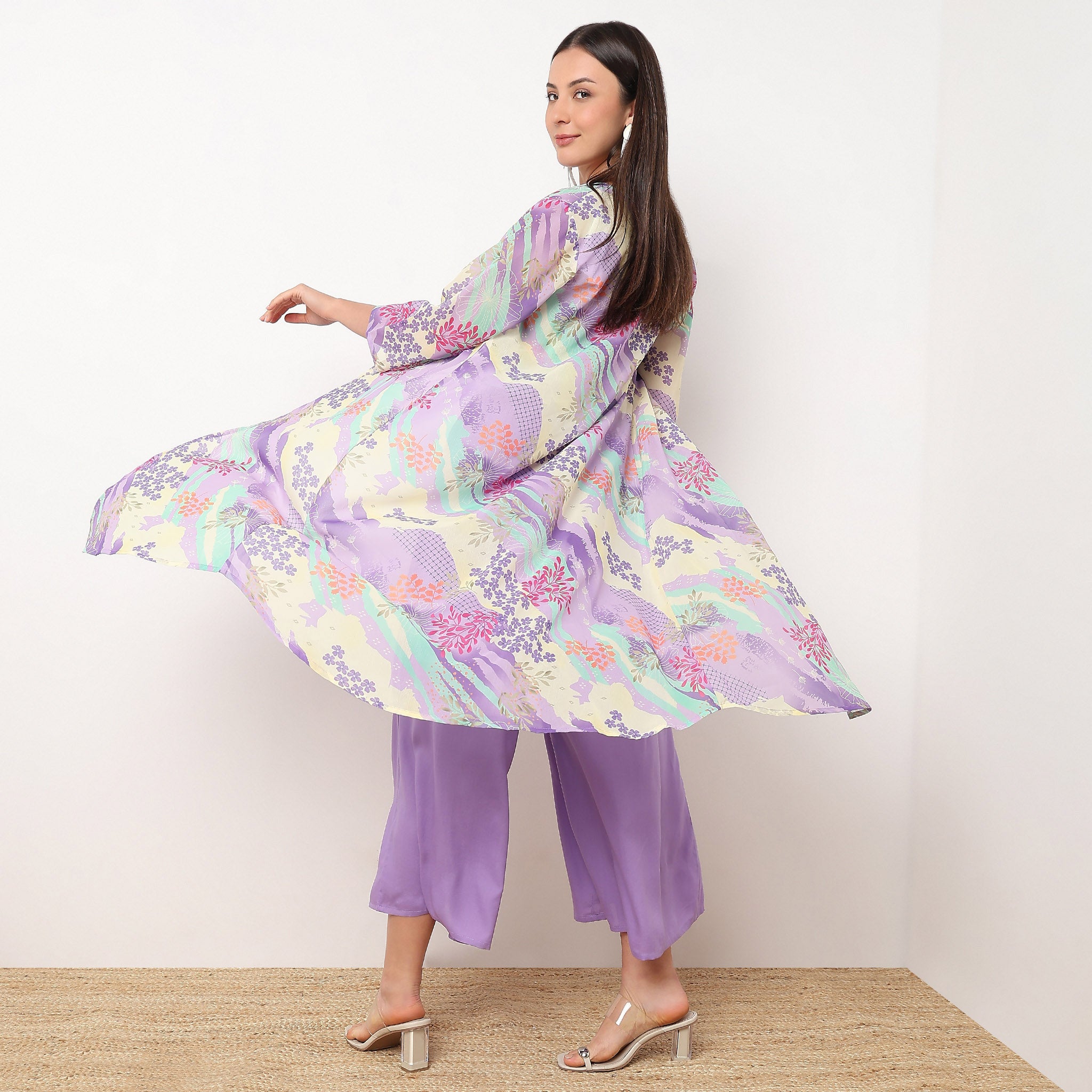 Flare Fit Printed Top with Palazzo and Shrug Set