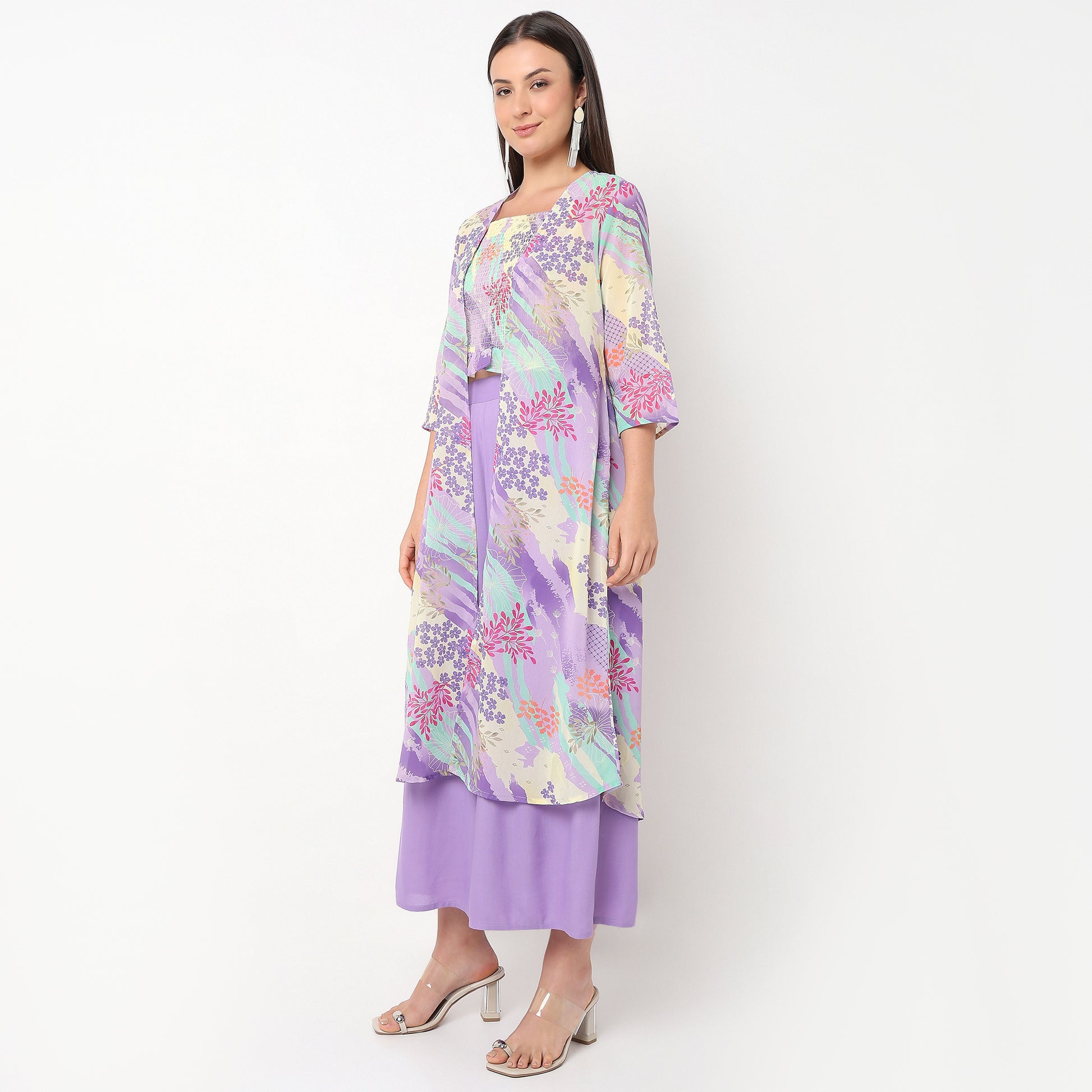 Flare Fit Printed Top with Palazzo and Shrug Set