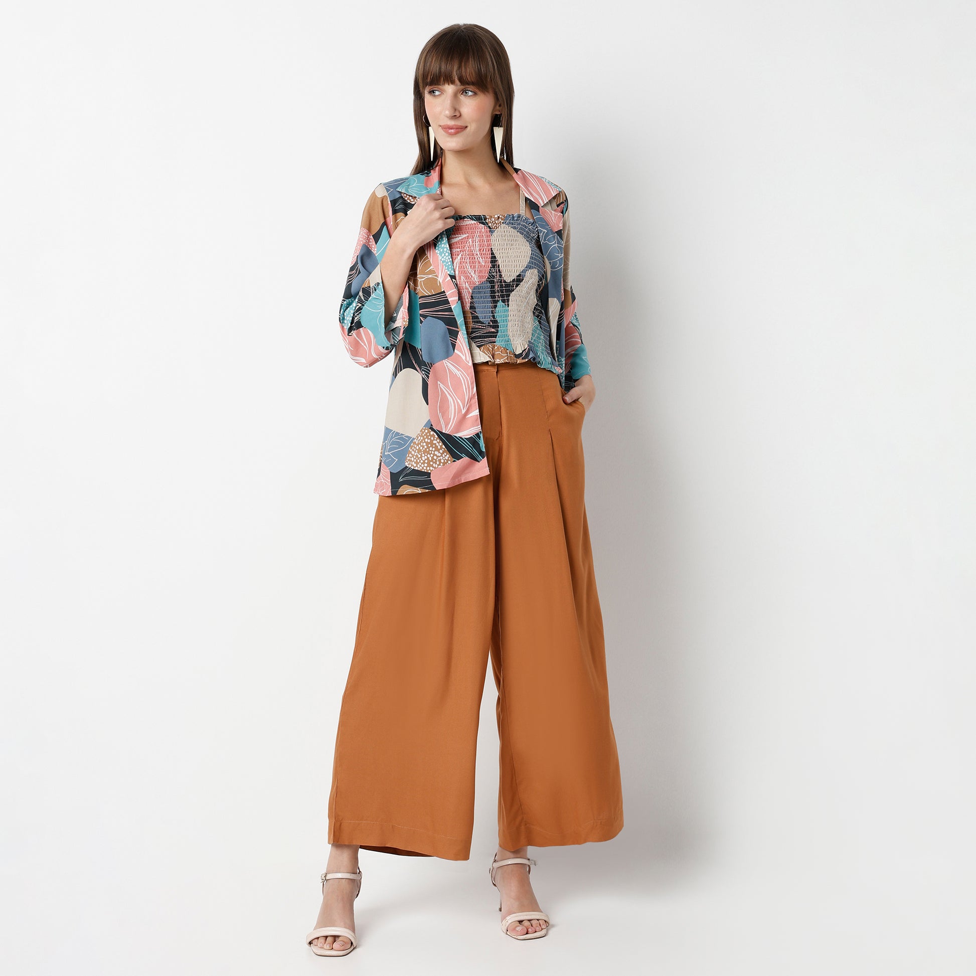 Relaxed Fit Abstract Regular Length Top with Pant & with Shrug Set