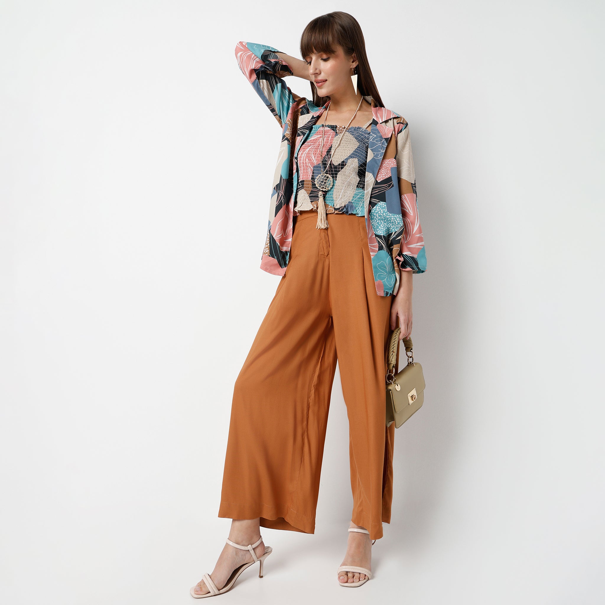 Relaxed Fit Abstract Regular Length Top with Pant & with Shrug Set