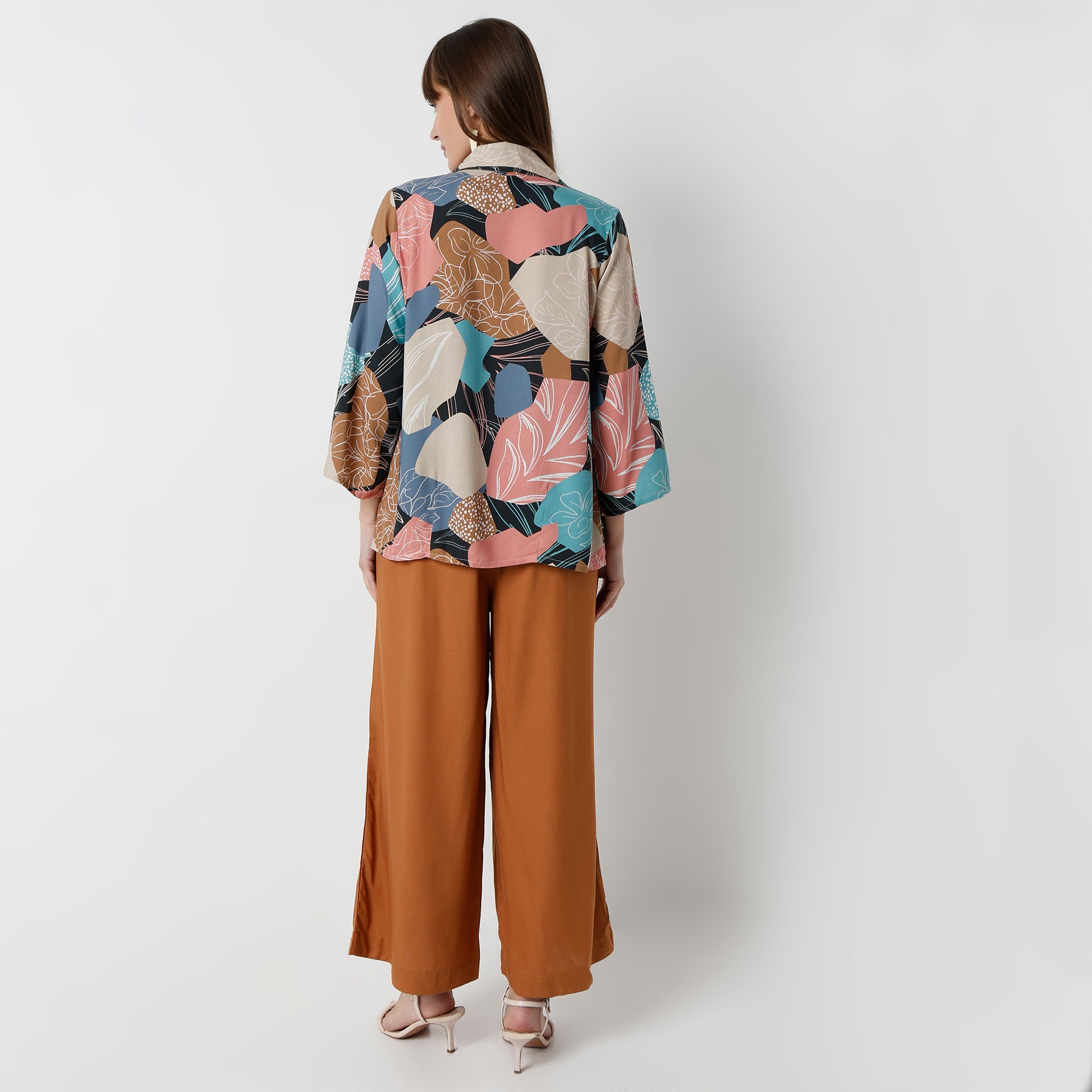 Relaxed Fit Abstract Regular Length Top with Pant & with Shrug Set