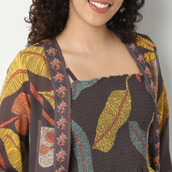 Printed Crop Top with Pant with Shrug Fusion Set