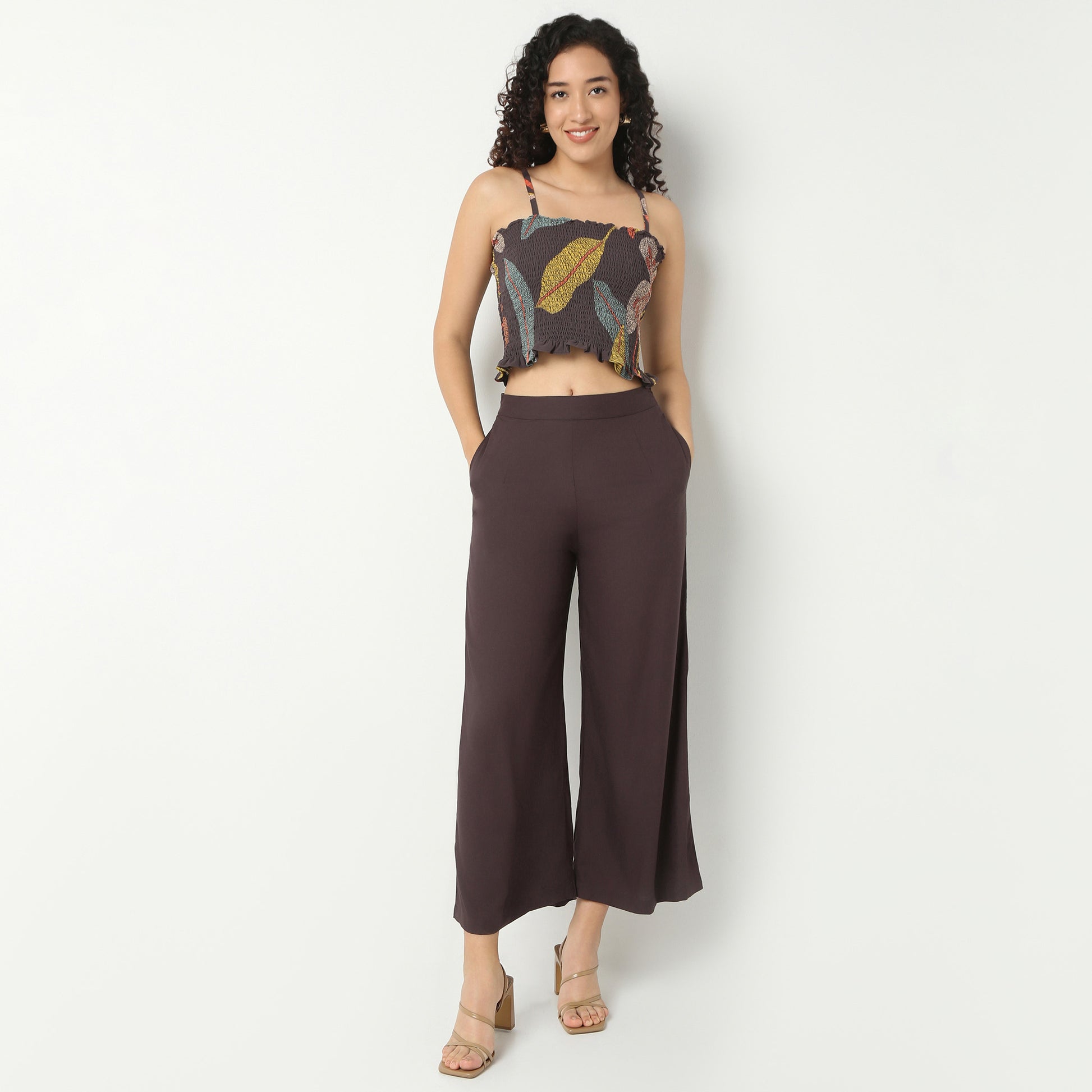 Printed Crop Top with Pant with Shrug Fusion Set