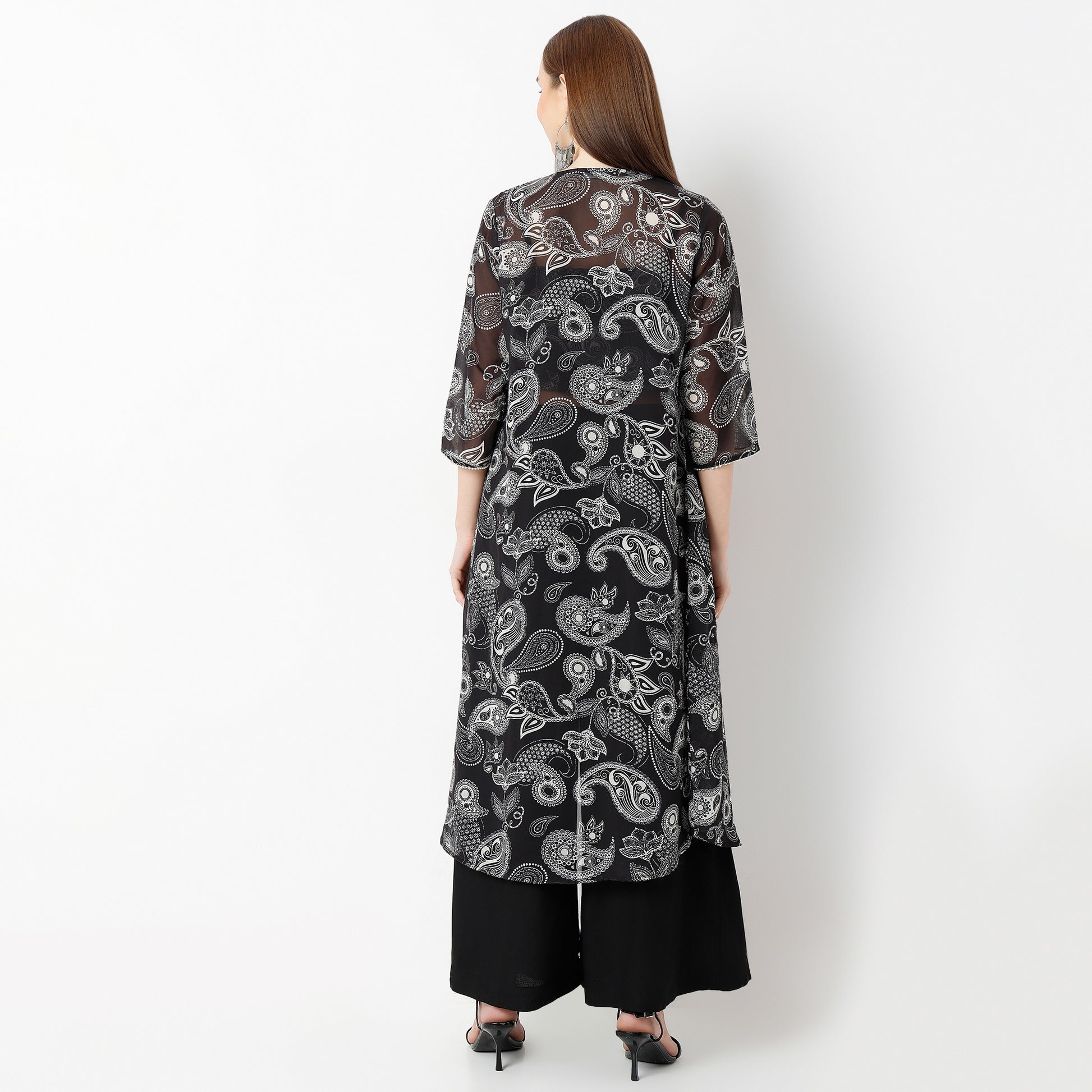 Flare Fit Printed Square Neck Shrug with Crop Top and Pant Set