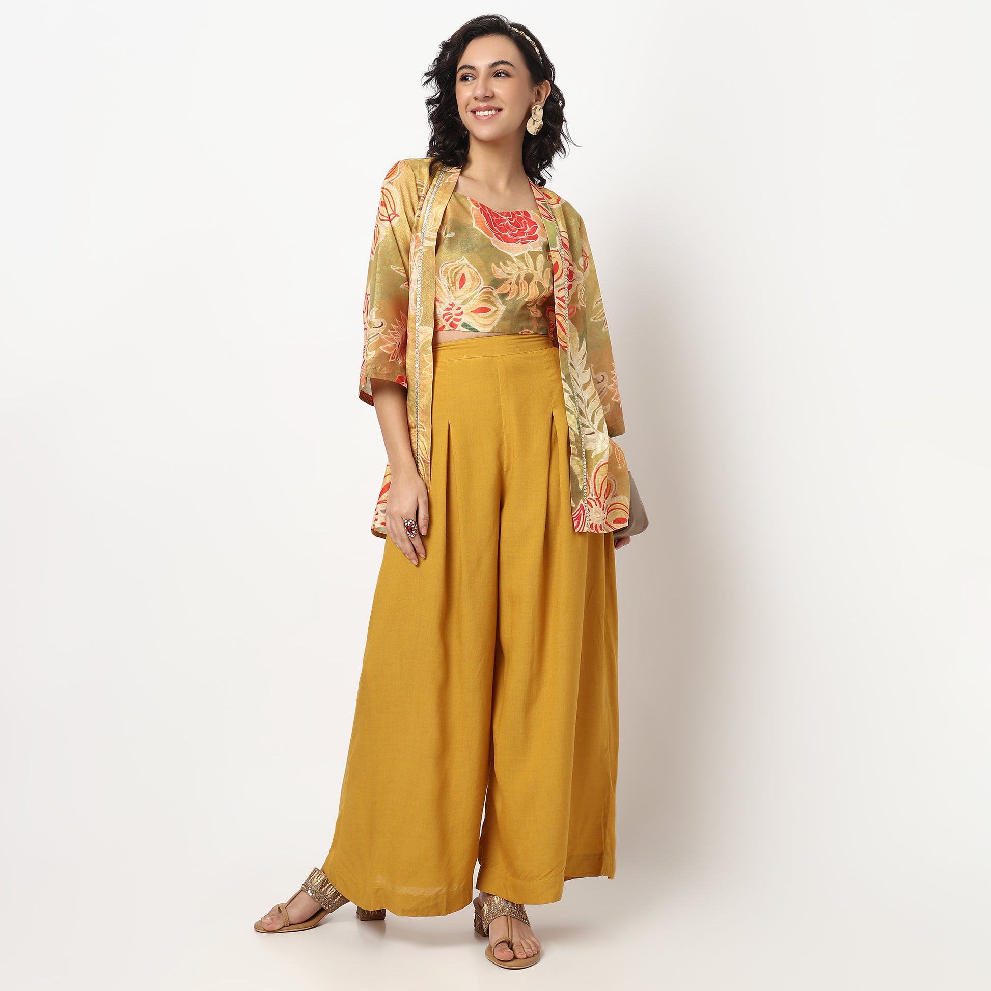 Buy Women Flare Fit Printed Three-Fourth Sleeve Crop Top with Palazzo with Shrug Set  - Style Union