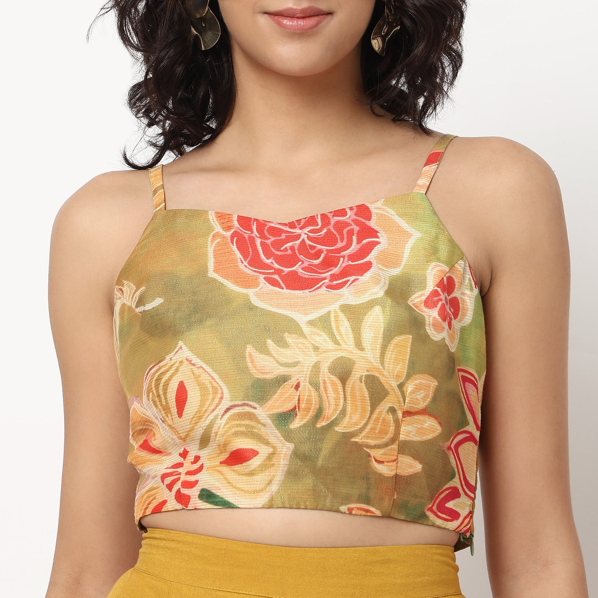 Buy Women Flare Fit Printed Three-Fourth Sleeve Crop Top with Palazzo with Shrug Set  - Style Union