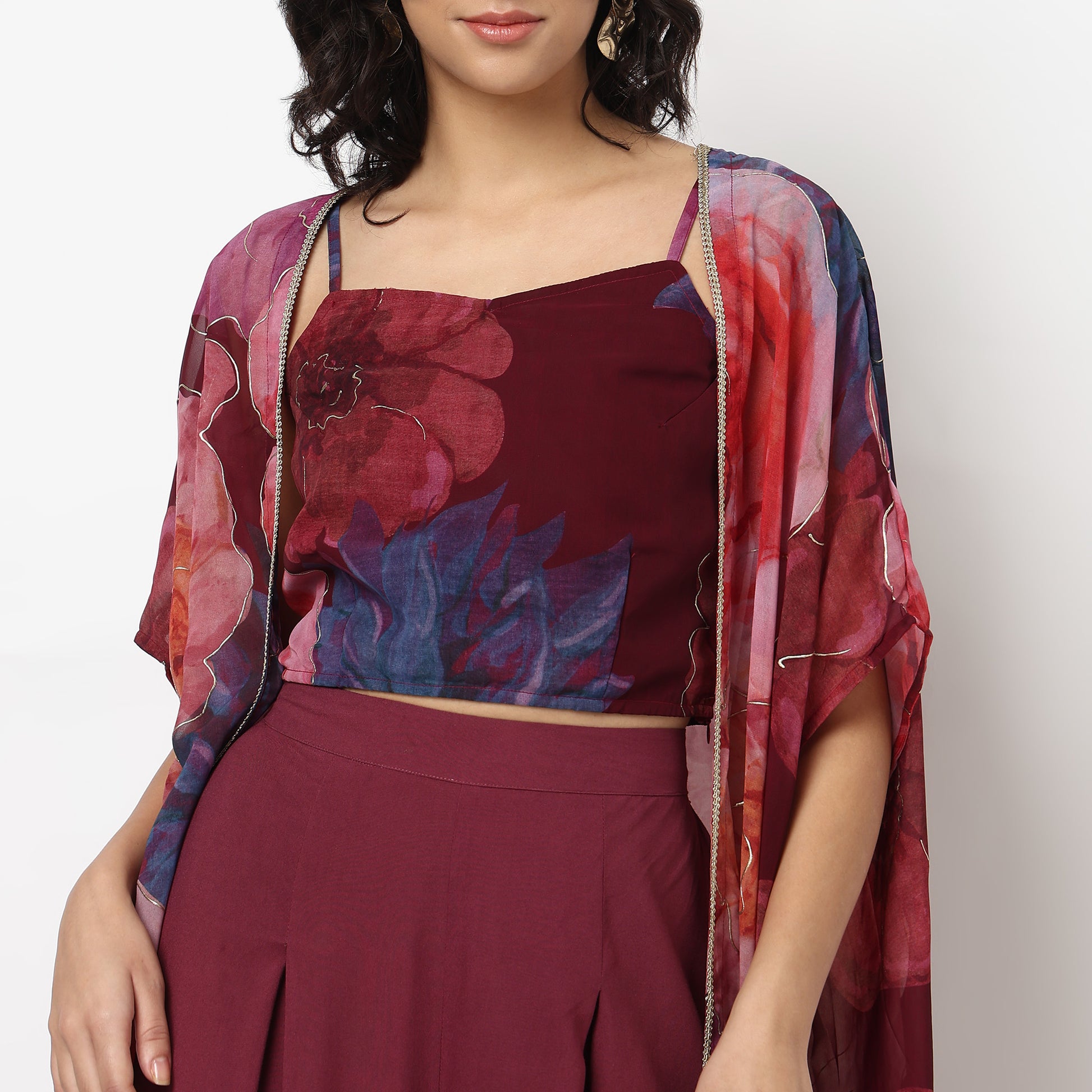 Buy Women Flare Fit Printed Sleeveless Crop Top and Skirt with Cape Set  - Style Union
