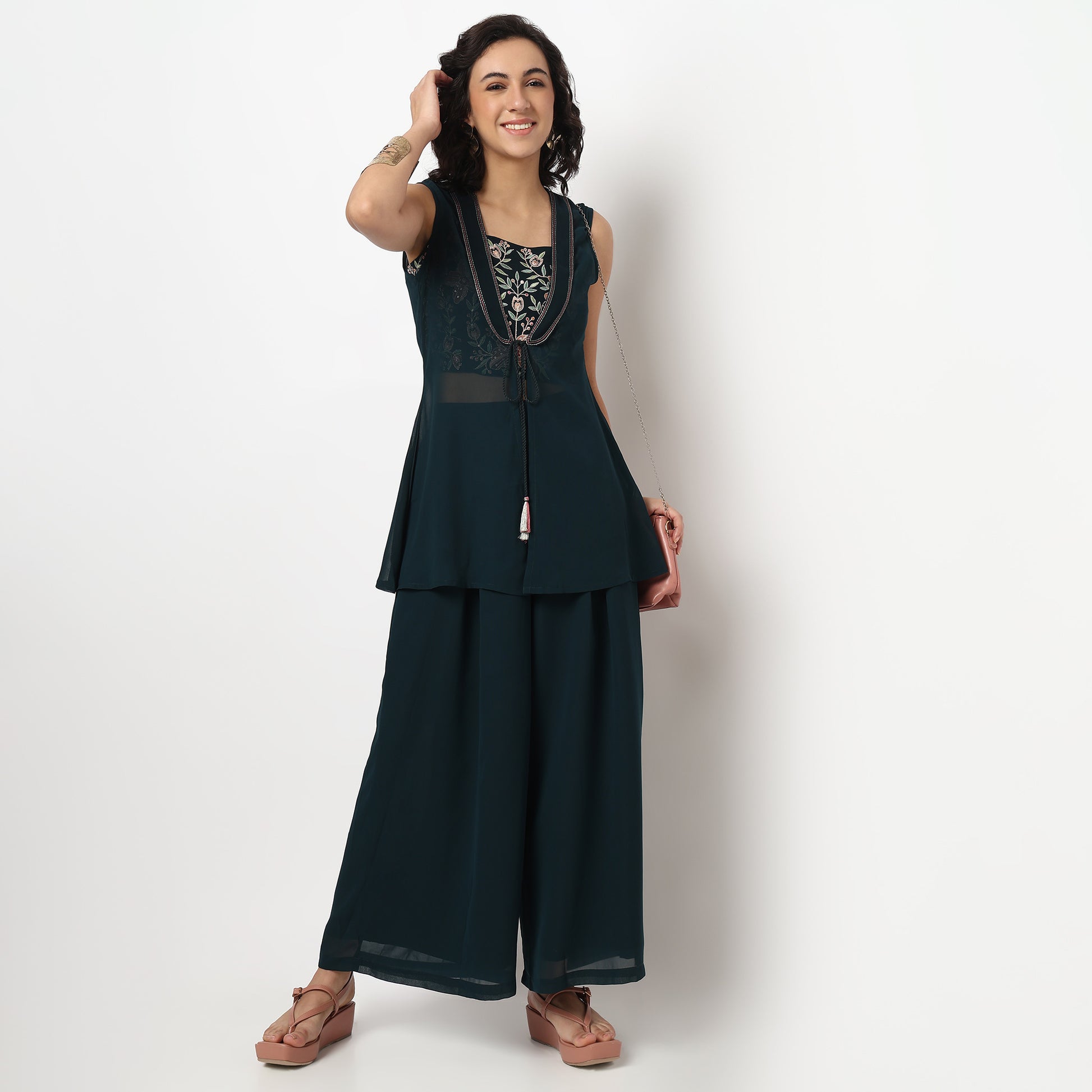 Buy Women Flare Fit Embroidered Sleeveless Crop Top with Palazzo with Shrug Set  - Style Union