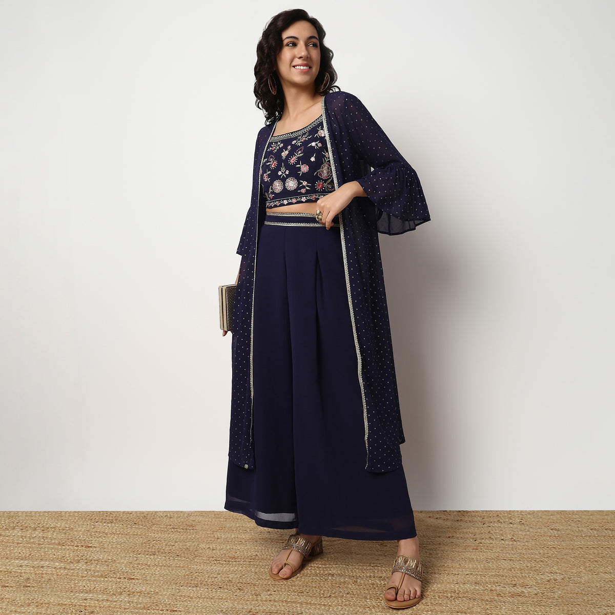 Buy Women Flare Fit Embroidered Three-Fourth Sleeve Crop Top with Palazzo with Shrug Set  - Style Union