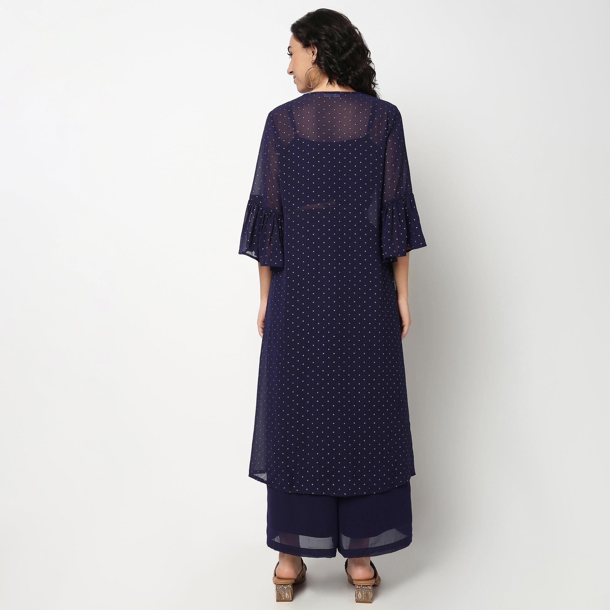 Buy Women Flare Fit Embroidered Three-Fourth Sleeve Crop Top with Palazzo with Shrug Set  - Style Union