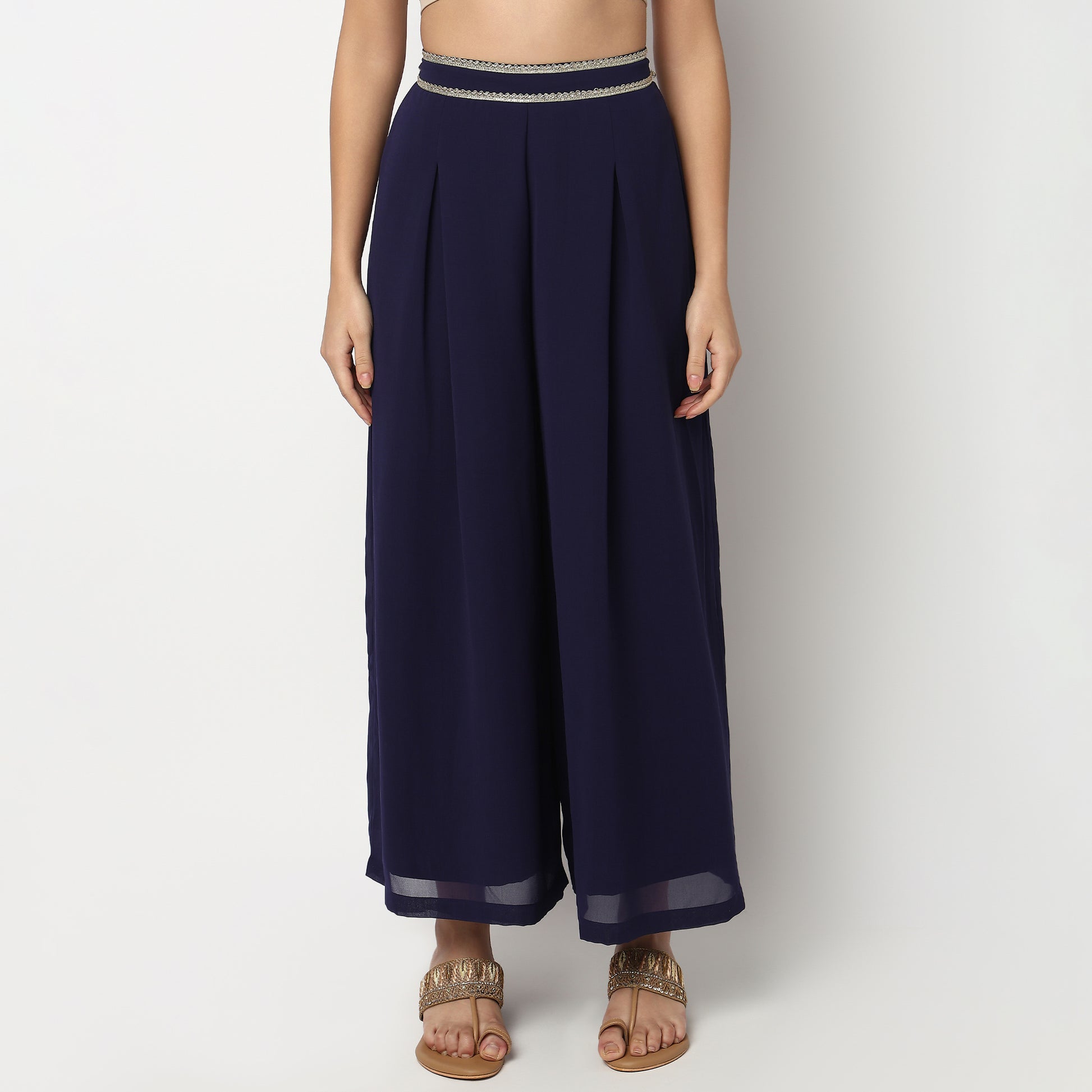 Buy Women Flare Fit Embroidered Three-Fourth Sleeve Crop Top with Palazzo with Shrug Set  - Style Union