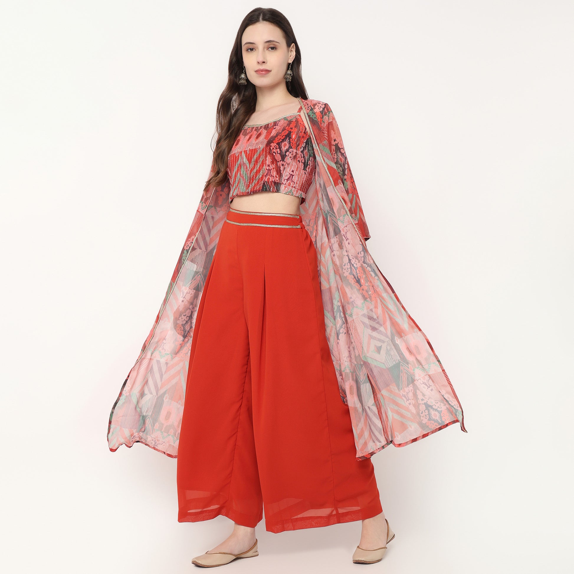 Printed Crop Top with Palazzo with Shrug Set