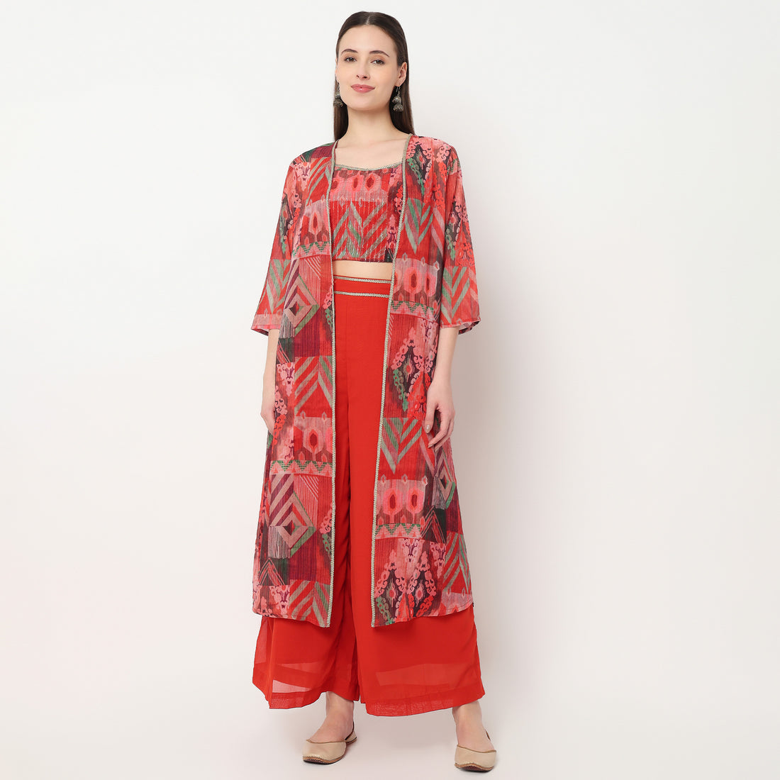 Printed Crop Top with Palazzo with Shrug Set