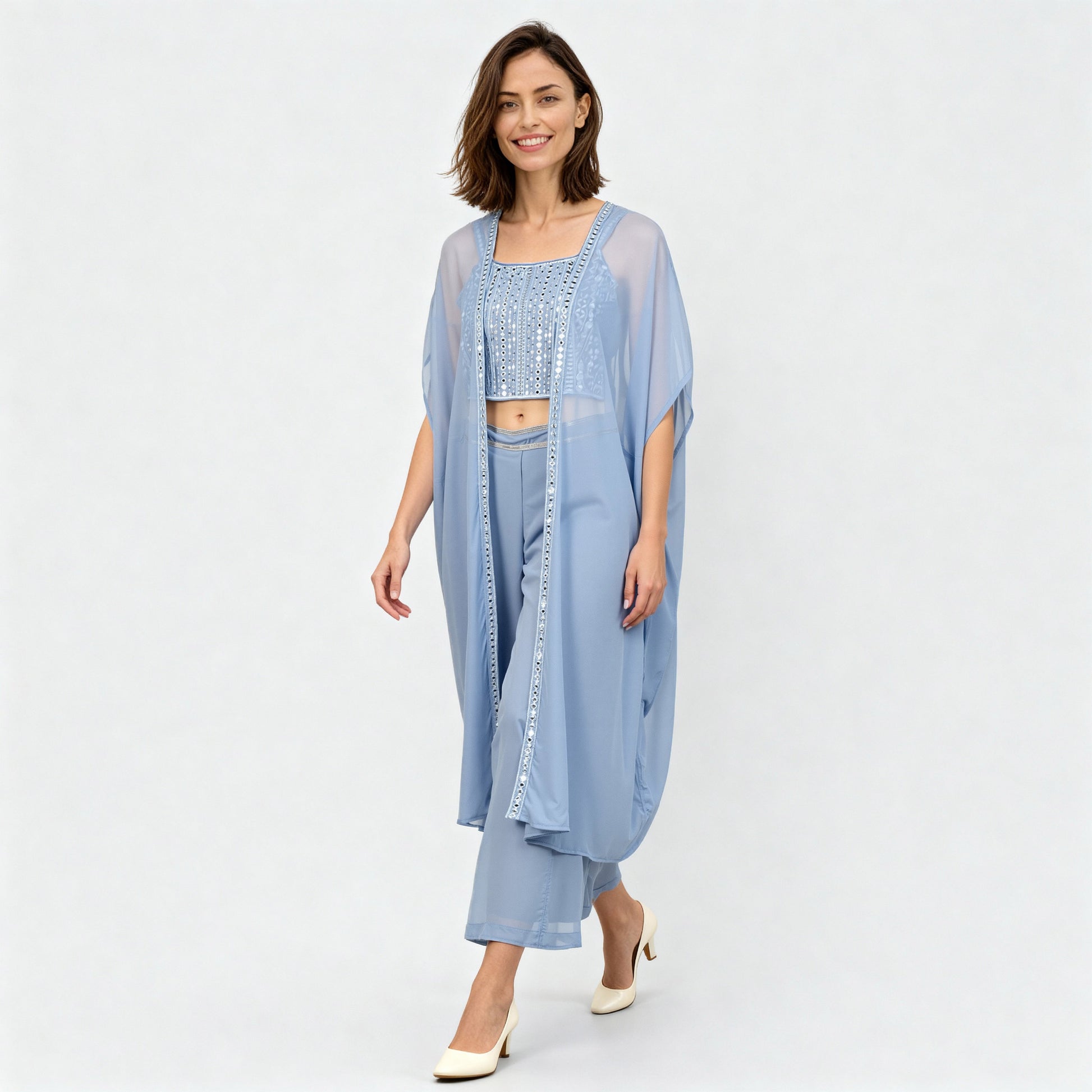 Flare High Rise Embellished Top with Palazzo with Shrug Set