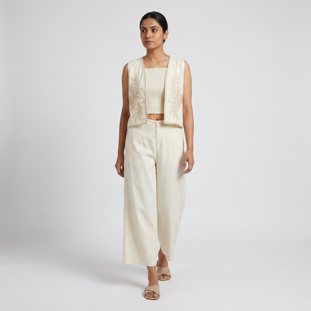 Embroidered Smocked Crop Top with Shrug and Pant