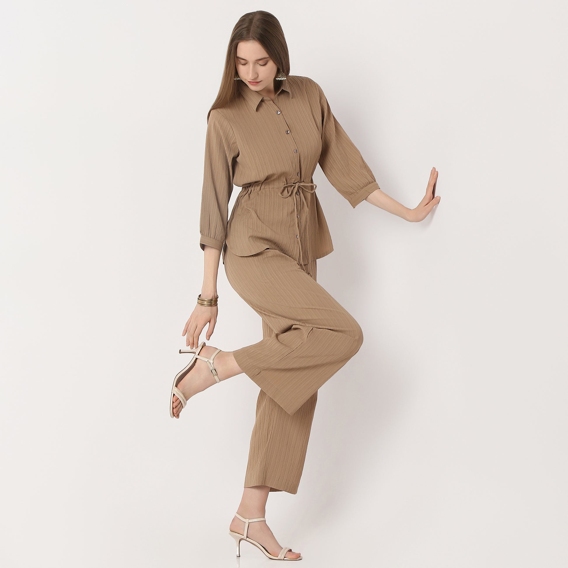 Shirt With Waist Tie Up Through Tunnel