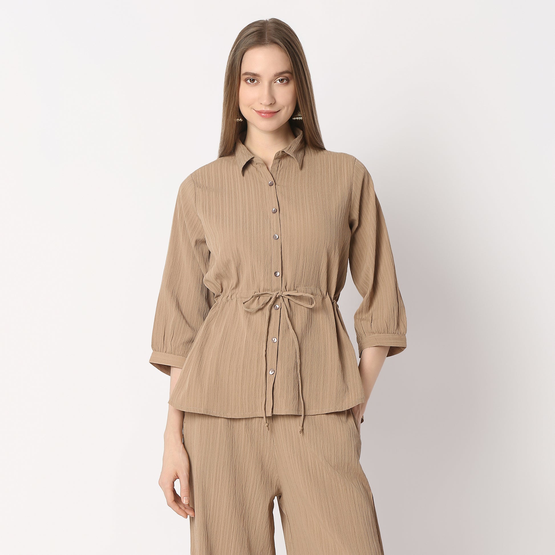 Shirt With Waist Tie Up Through Tunnel