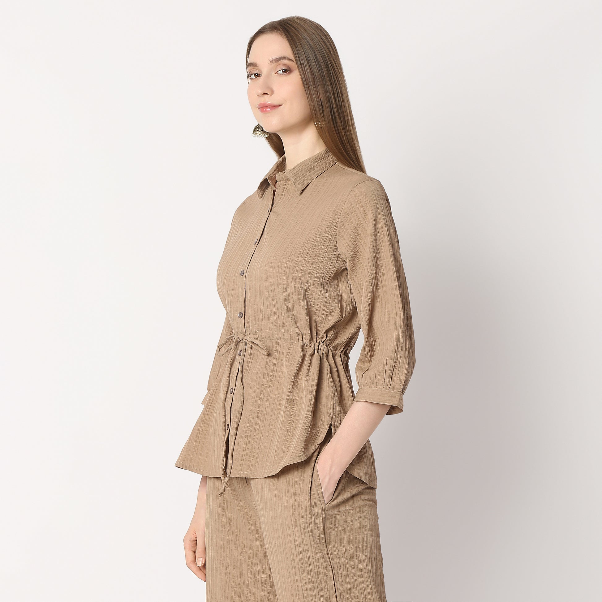 Shirt With Waist Tie Up Through Tunnel