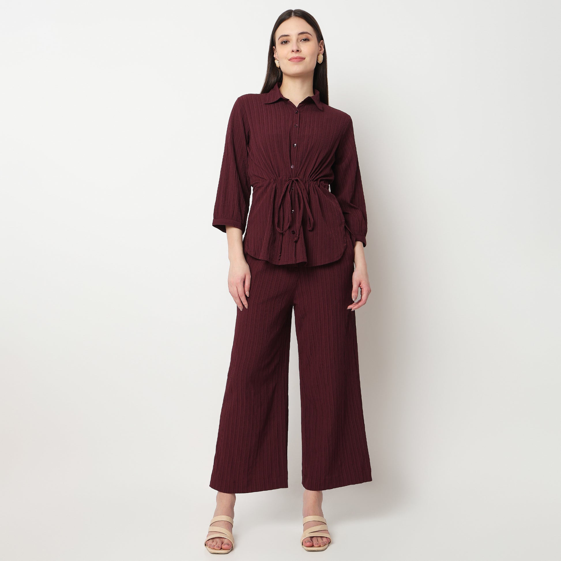 Shirt With Waist Tie Up Through Tunnel