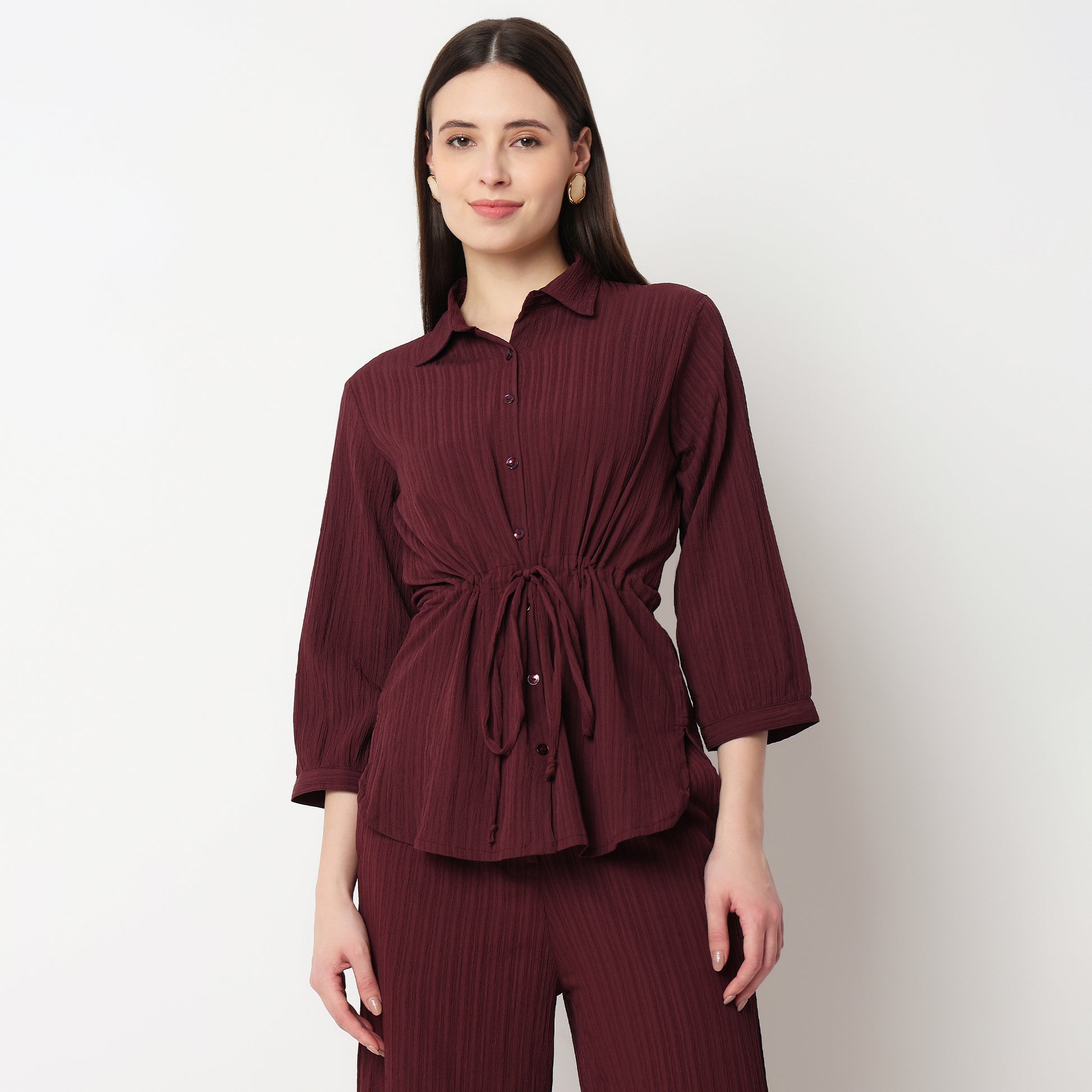 Shirt With Waist Tie Up Through Tunnel