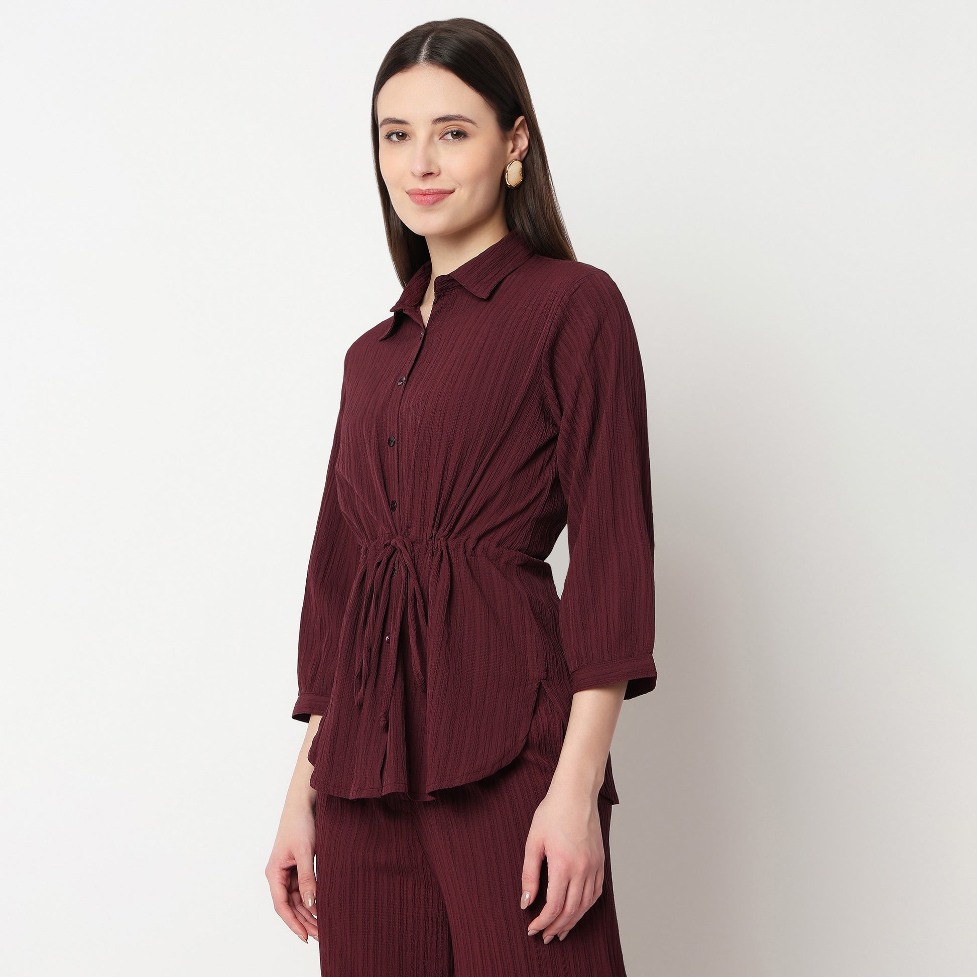 Shirt With Waist Tie Up Through Tunnel