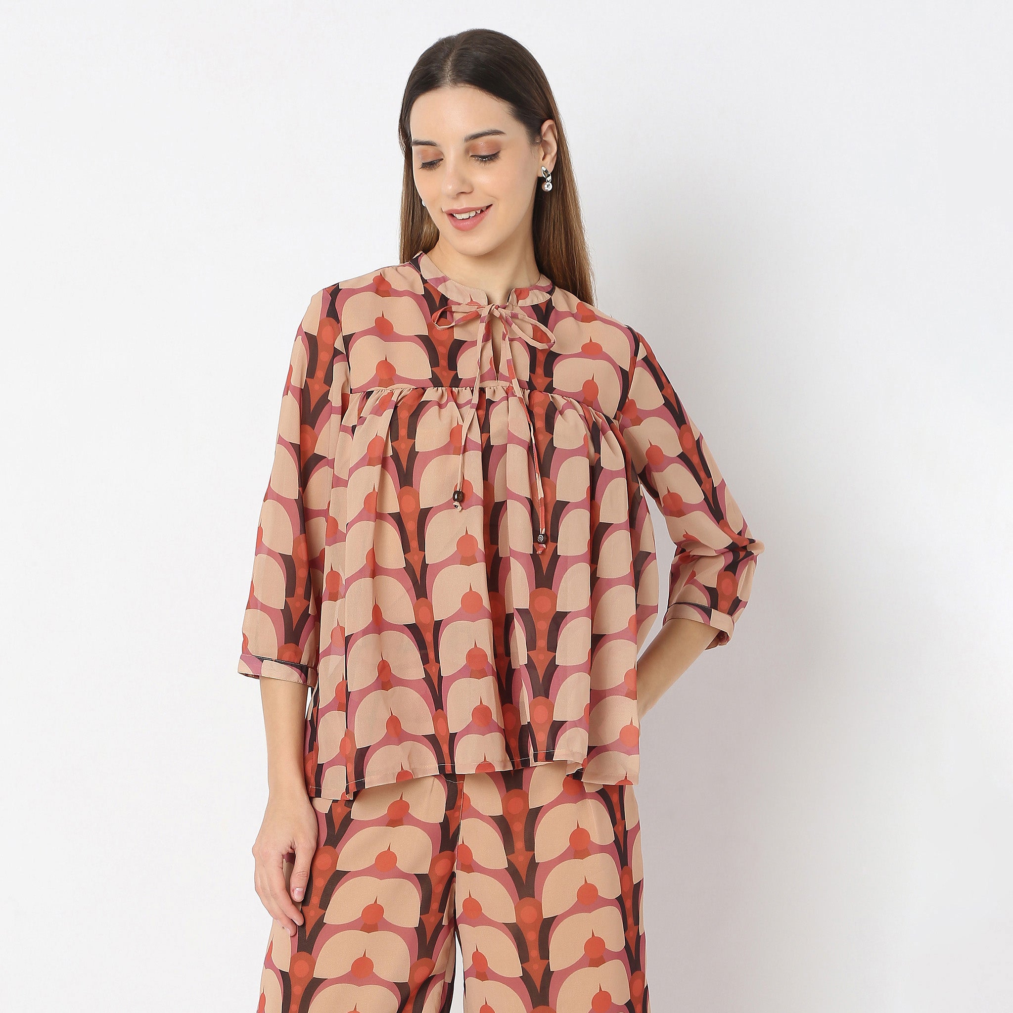 Abstract Gathered Band Neck Flared Top