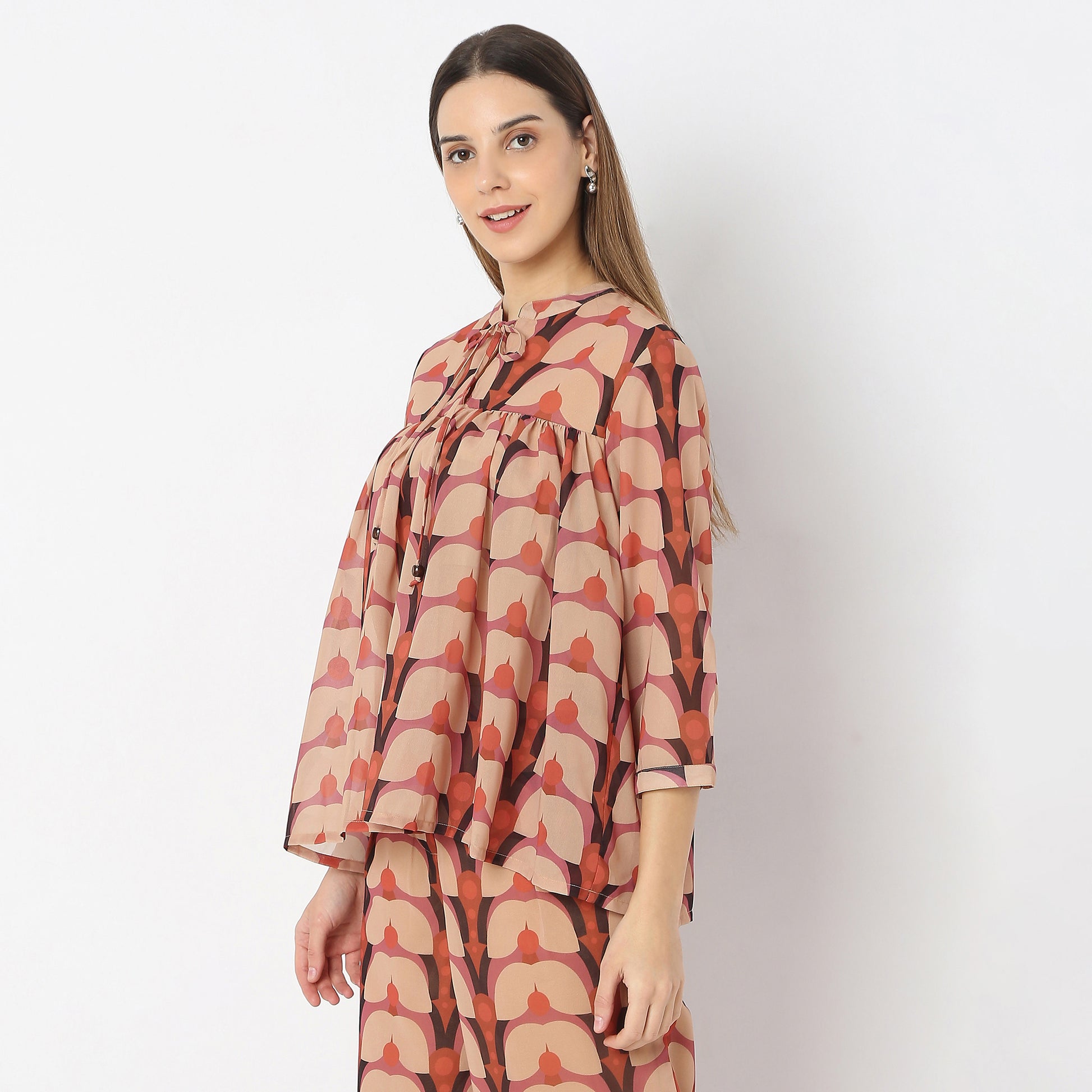Abstract Gathered Band Neck Flared Top
